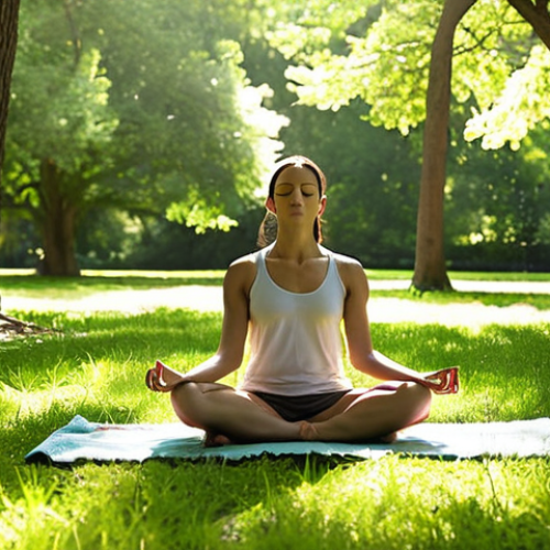 **A serene individual meditating in a lush green park, sunlight dappling through the trees. Focus on conveying calmness and inner peace.** (Emphasizes the "doing meditation" section to show peace)