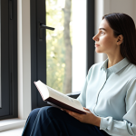 A serene woman in a modest, professional blouse and tailored trousers, sitting calmly in a sunlit, minimalist living room. She is holding a book, looking out a window with a thoughtful, relaxed expression. No digital devices are visible, emphasizing a screen-free moment of peace and mindfulness. Soft, natural lighting, professional photography, high quality. Perfect anatomy, correct proportions, well-formed hands, proper finger count, natural body proportions, natural pose. Safe for work, appropriate content, fully clothed, modest, family-friendly.