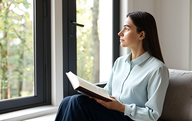 A serene woman in a modest, professional blouse and tailored trousers, sitting calmly in a sunlit, minimalist living room. She is holding a book, looking out a window with a thoughtful, relaxed expression. No digital devices are visible, emphasizing a screen-free moment of peace and mindfulness. Soft, natural lighting, professional photography, high quality. Perfect anatomy, correct proportions, well-formed hands, proper finger count, natural body proportions, natural pose. Safe for work, appropriate content, fully clothed, modest, family-friendly.