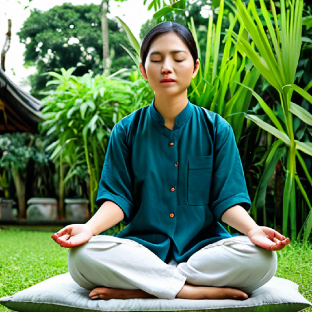 Mindful Moment**
A serene Thai woman in comfortable, modest clothing is sitting on a cushion in a peaceful garden setting in Chiang Mai. She is meditating with her eyes gently closed, her hands resting lightly on her lap. Lush greenery and the soft morning light surround her. The scene evokes a sense of calm and tranquility. safe for work, appropriate content, fully clothed, professional, perfect anatomy, natural proportions, high quality.
**