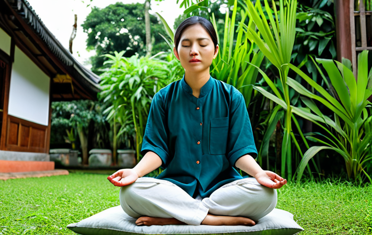 Mindful Moment**

A serene Thai woman in comfortable, modest clothing is sitting on a cushion in a peaceful garden setting in Chiang Mai. She is meditating with her eyes gently closed, her hands resting lightly on her lap. Lush greenery and the soft morning light surround her. The scene evokes a sense of calm and tranquility.  safe for work, appropriate content, fully clothed, professional, perfect anatomy, natural proportions, high quality.

**