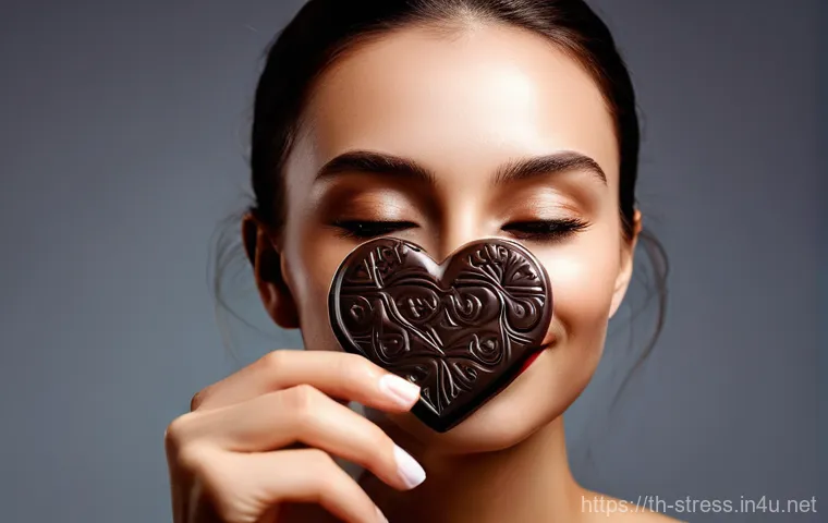 스트레스 해소에 좋은 음식   다크 초콜릿 - **Prompt 1: Mindful Relaxation with Dark Chocolate**
    "A serene and elegantly dressed young woman...