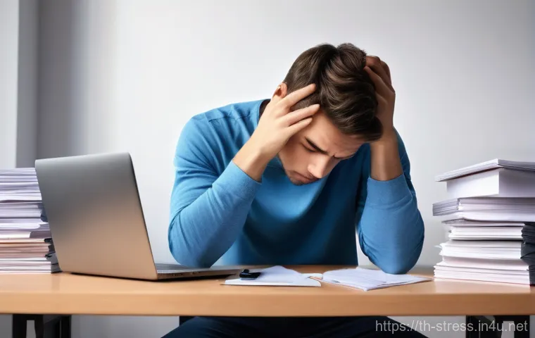 스트레스 해소법 명상법 - **A young adult, appearing visibly stressed and overwhelmed, sits hunched over a desk.** Their face ...