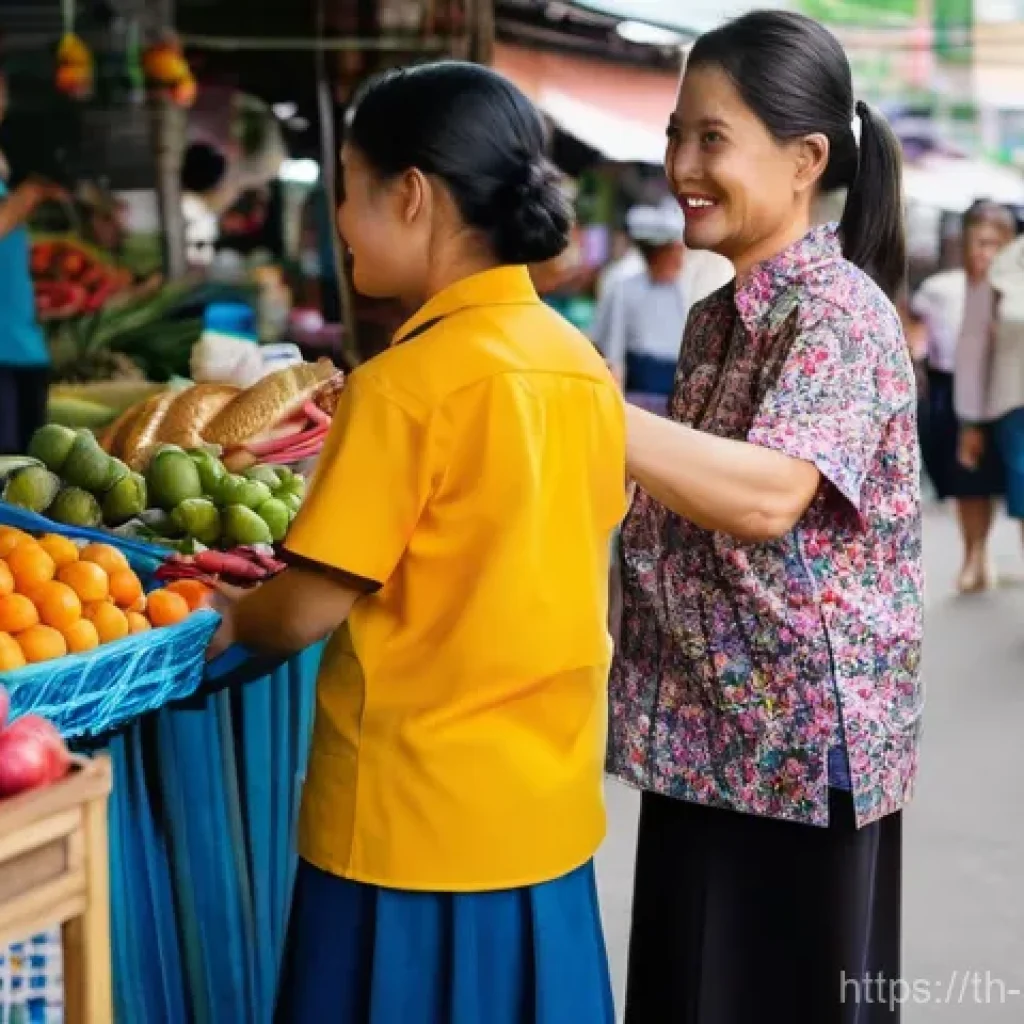 스트레스 해소를 위한 상호작용 - **Prompt:** A vibrant, bustling outdoor market scene in a Thai city. In the foreground, a friendly y...