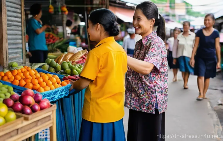 스트레스 해소를 위한 상호작용 - **Prompt:** A vibrant, bustling outdoor market scene in a Thai city. In the foreground, a friendly y...