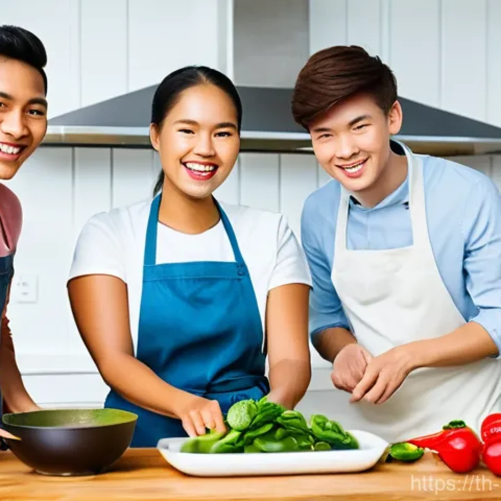 스트레스 해소를 위한 사람들과의 소통 - **Prompt:** A group of diverse friends, aged 20s-30s, happily engaged in a Thai cooking class. They ...