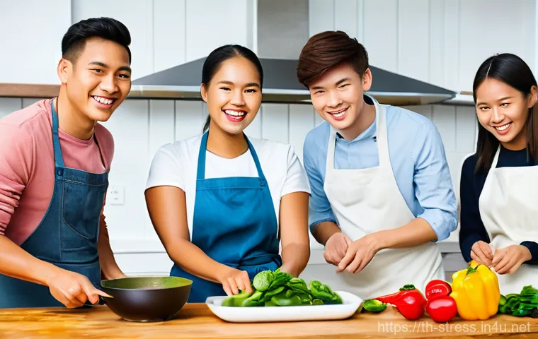스트레스 해소를 위한 사람들과의 소통 - **Prompt:** A group of diverse friends, aged 20s-30s, happily engaged in a Thai cooking class. They ...