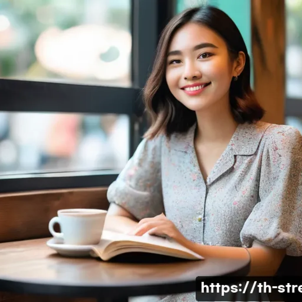 스트레스 해소를 위한 심리학적 방법 - **Urban Self-Care Moment at a Cafe**
    A young Thai woman in her late 20s, with a gentle smile, si...