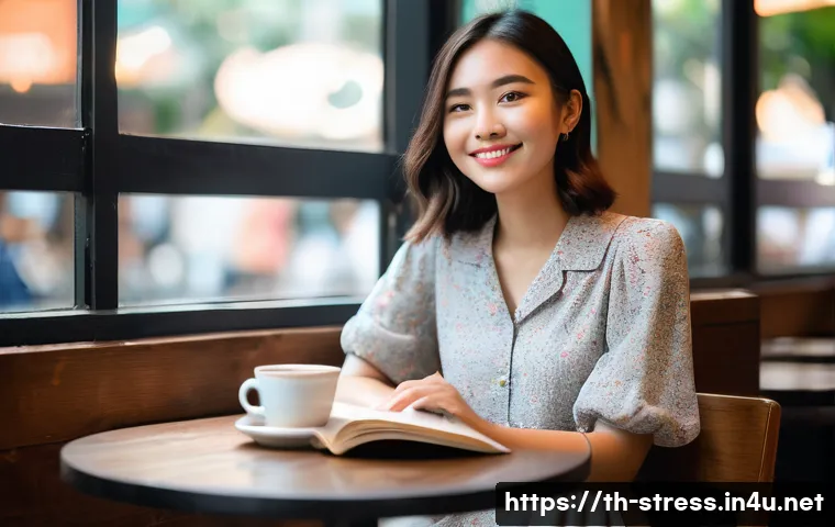 스트레스 해소를 위한 심리학적 방법 - **Urban Self-Care Moment at a Cafe**
    A young Thai woman in her late 20s, with a gentle smile, si...