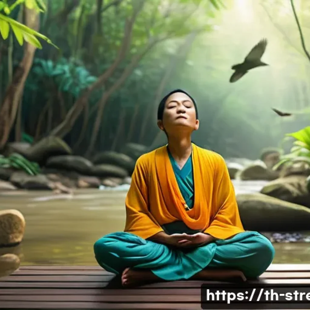 스트레스 해소를 위한 자연 소리 듣기 - A serene Thai forest scene during early morning with soft sunlight filtering through tall tropical t...