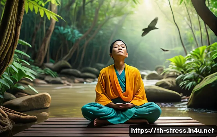 스트레스 해소를 위한 자연 소리 듣기 - A serene Thai forest scene during early morning with soft sunlight filtering through tall tropical t...