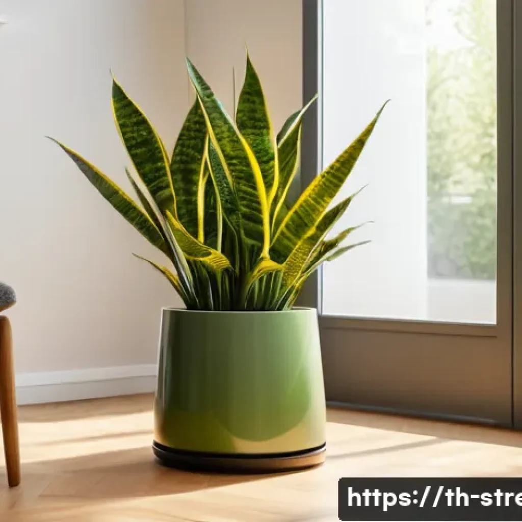 스트레스 해소법 실내 식물 기르기 - A cozy modern living room corner featuring a large snake plant (Sansevieria) in a sleek ceramic pot ...