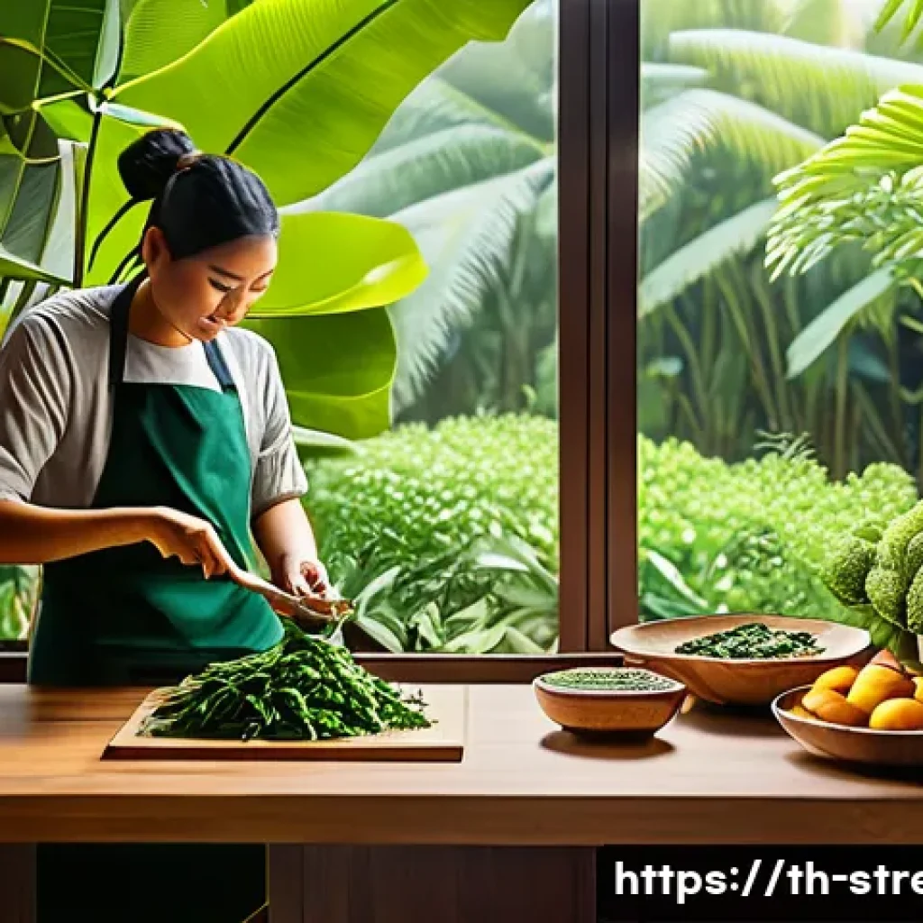 스트레스 해소법 스트레스 제거에 좋은 음식들 - A vibrant, cozy Thai kitchen scene featuring a person preparing a healthy meal with fresh local ingr...