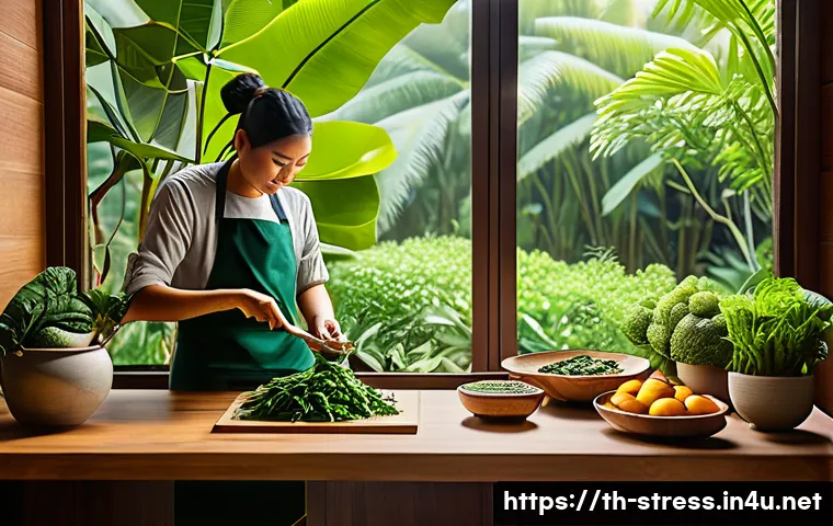 스트레스 해소법  스트레스 제거에 좋은 음식들 - A vibrant, cozy Thai kitchen scene featuring a person preparing a healthy meal with fresh local ingr...