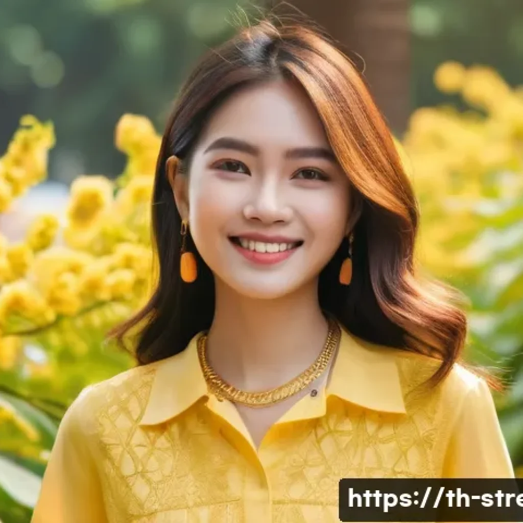 스트레스 해소를 위한 패션과 스타일링 - A young Thai woman dressed in a casual summer outfit featuring bright yellow cotton blouse and orang...
