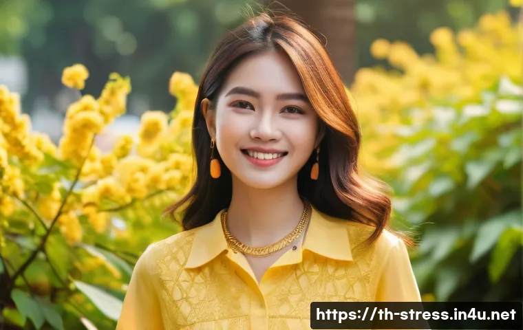 스트레스 해소를 위한 패션과 스타일링 - A young Thai woman dressed in a casual summer outfit featuring bright yellow cotton blouse and orang...