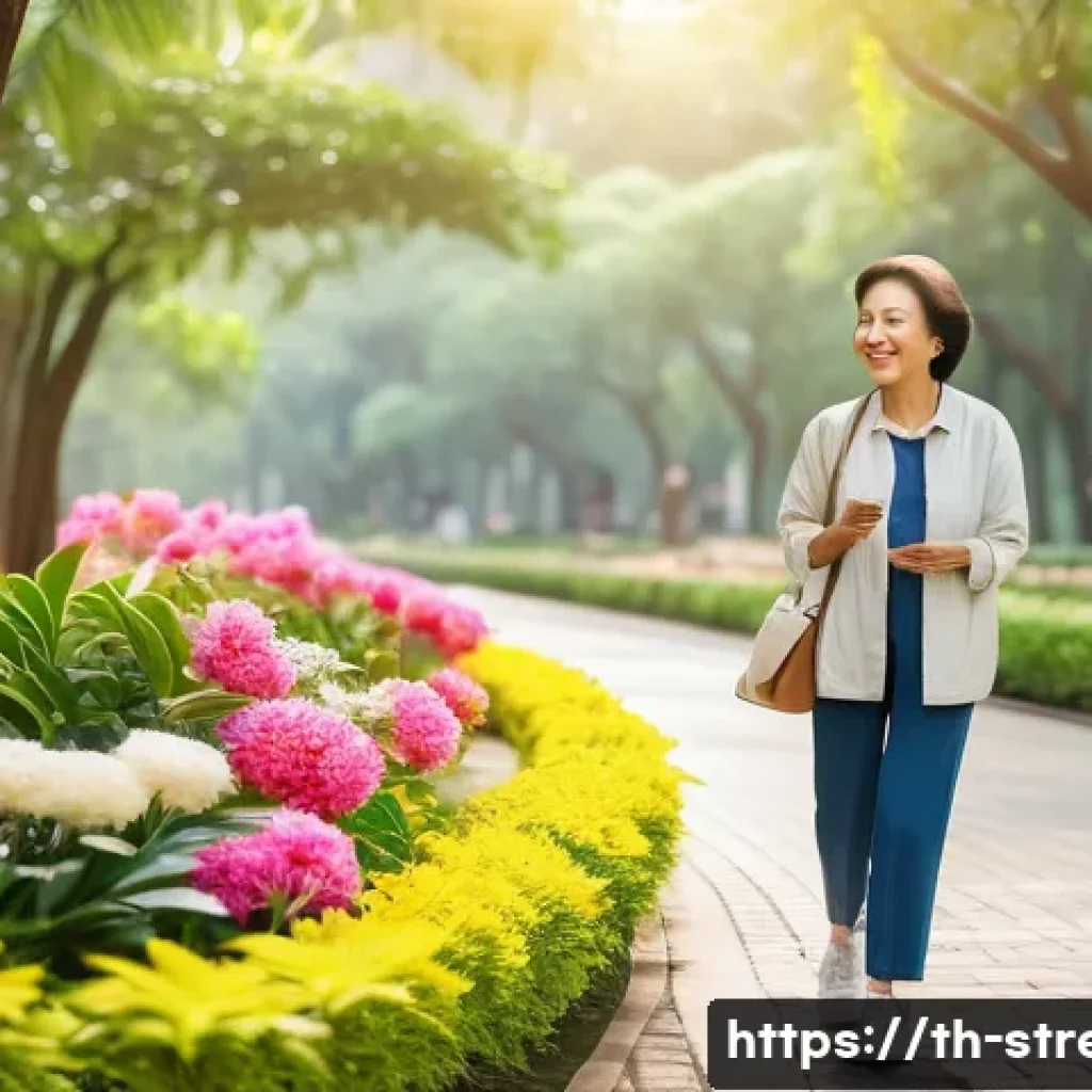 스트레스 해소법 스트레스를 풀어주는 활동 - A peaceful early morning scene in a lush Bangkok public park with a middle-aged Thai woman walking l...