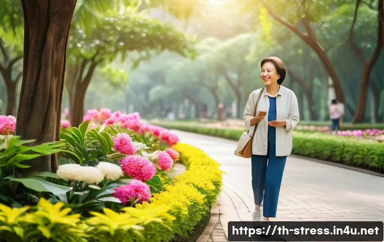 스트레스 해소법  스트레스를 풀어주는 활동 - A peaceful early morning scene in a lush Bangkok public park with a middle-aged Thai woman walking l...