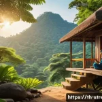 스트레스 해소를 위한 여행지   휴양지 추천 - A serene mountain resort scene in Thailand&rsquo;s lush green hills near Bangkok, featuring a small cozy w...