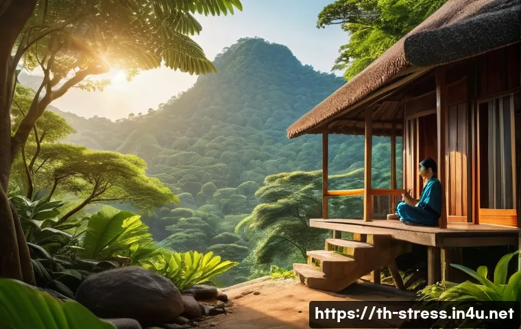 스트레스 해소를 위한 여행지   휴양지 추천 - A serene mountain resort scene in Thailand&rsquo;s lush green hills near Bangkok, featuring a small cozy w...