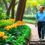 스트레스 해소를 위한 꾸준한 운동 - A serene early morning scene in a lush Bangkok city park featuring a middle-aged Thai man walking sl...