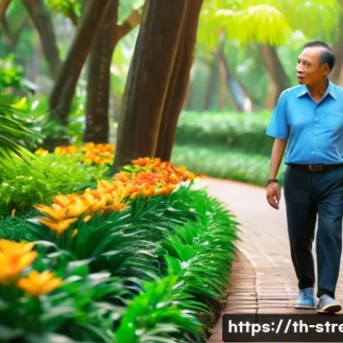 스트레스 해소를 위한 꾸준한 운동 - A serene early morning scene in a lush Bangkok city park featuring a middle-aged Thai man walking sl...