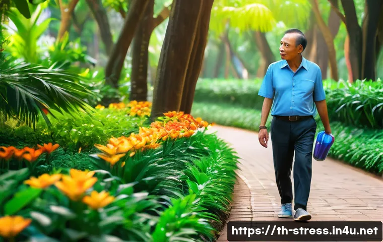 스트레스 해소를 위한 꾸준한 운동 - A serene early morning scene in a lush Bangkok city park featuring a middle-aged Thai man walking sl...