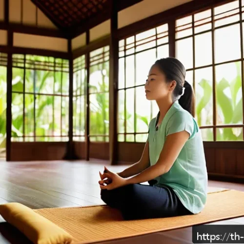 스트레스 해소법 과학적으로 검증된 방법 - A serene scene of a young Thai woman practicing the 4-7-8 deep breathing technique in a quiet, sunli...