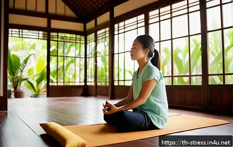 스트레스 해소법 과학적으로 검증된 방법 - A serene scene of a young Thai woman practicing the 4-7-8 deep breathing technique in a quiet, sunli...