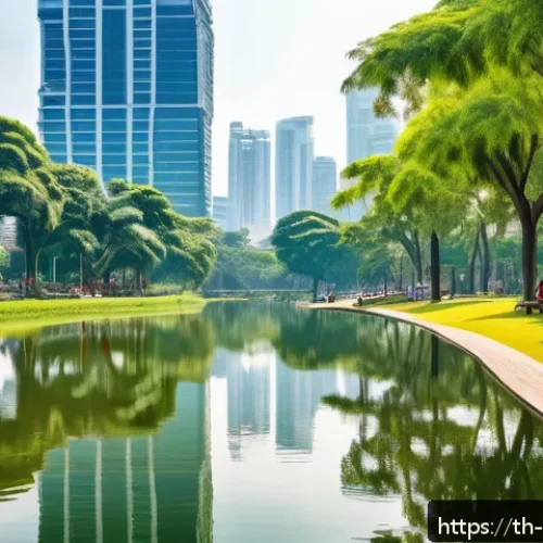 스트레스 해소를 위한 고요한 장소 찾기 - A serene urban park scene in Bangkok&rsquo;s Benjakitti Park during a sunny day, featuring a large tranqui...