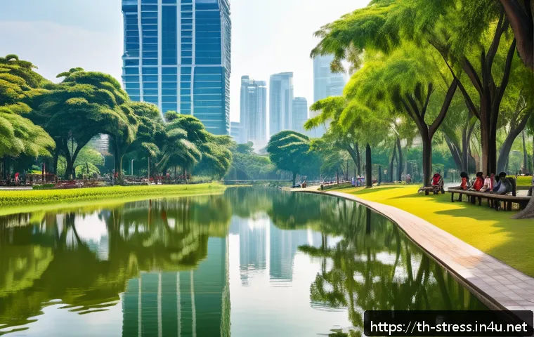 스트레스 해소를 위한 고요한 장소 찾기 - A serene urban park scene in Bangkok&rsquo;s Benjakitti Park during a sunny day, featuring a large tranqui...