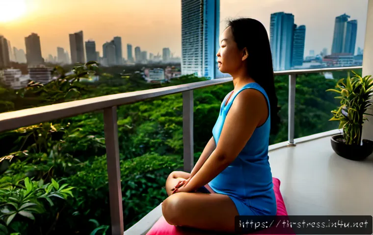 스트레스 해소를 위한 명상 - Photorealistic Thai woman in her 50s practicing stress-relief meditation on a clean balcony of a Ban...