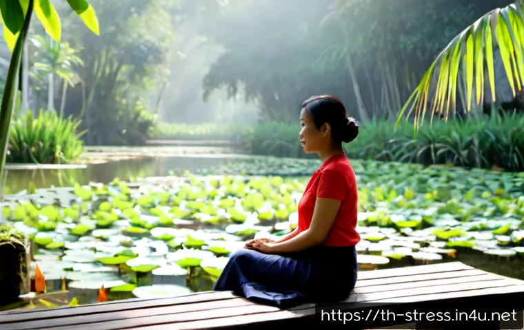 스트레스 해소를 위한 자연과의 교감 - Photorealistic peaceful scene of a Thai woman in her early 40s sitting fully clothed on a wooden ben...