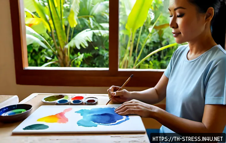 스트레스 해소를 위한 아트 테라피 - Photorealistic Thai woman in her 40s practicing calming art therapy at a sunlit home table, gently p...