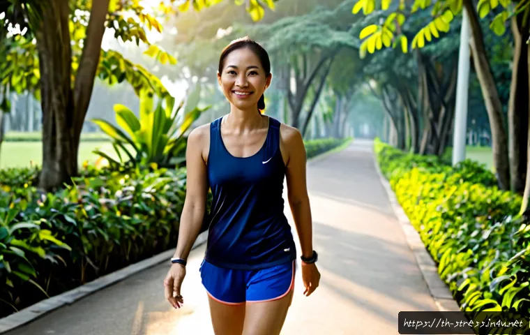 Home 23 스트레스 해소를 위한 유산소 운동 - Photorealistic Thai woman in her early 40s jogging calmly along a leafy Bangkok park pathway at sunr...